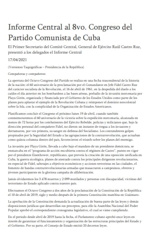 Discurso de Raúl Castro. Informe del VIII Congreso del PCC el 17/04/2021